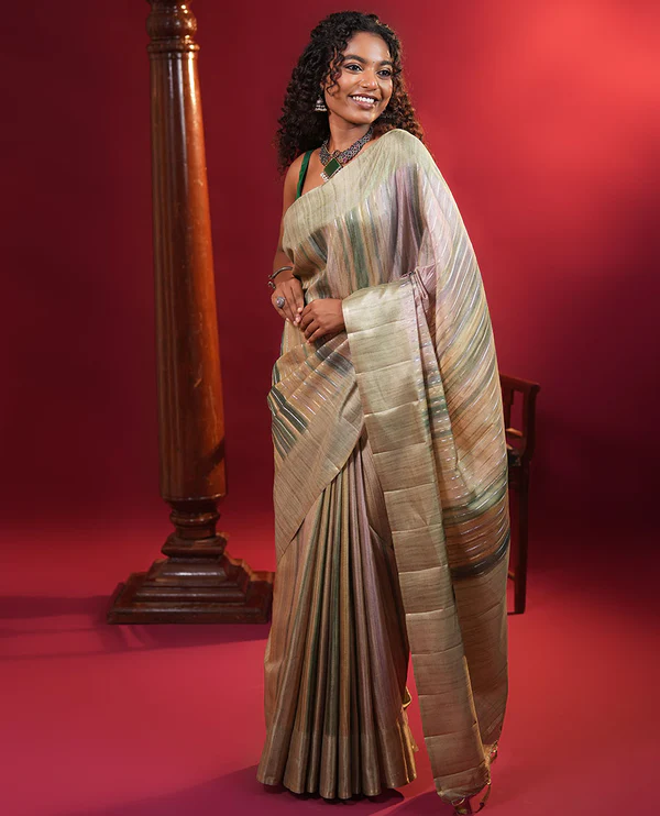 Pista Green Striped Semi Tussa Silk Saree